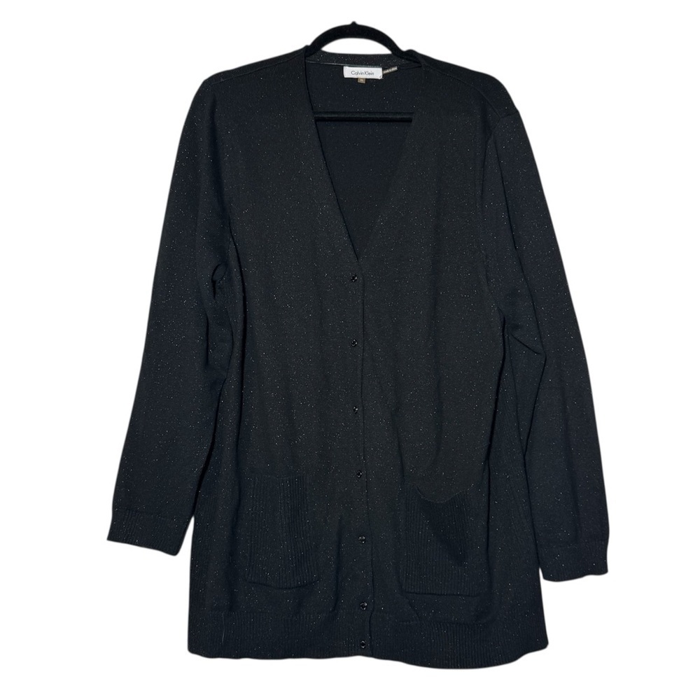 Calvin Klein V-Neck Cardigan Black Speckled Size XL Ribbed